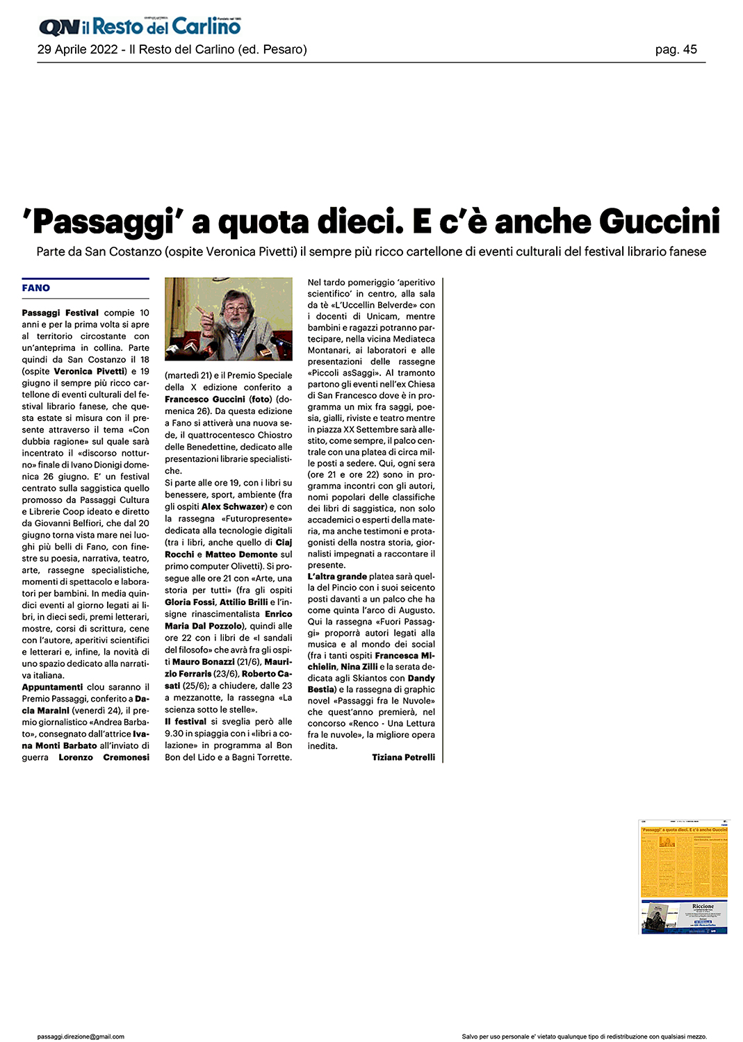 Il Resto del Carlino – “Passaggi” a quota dieci. E c’è anche Guccini