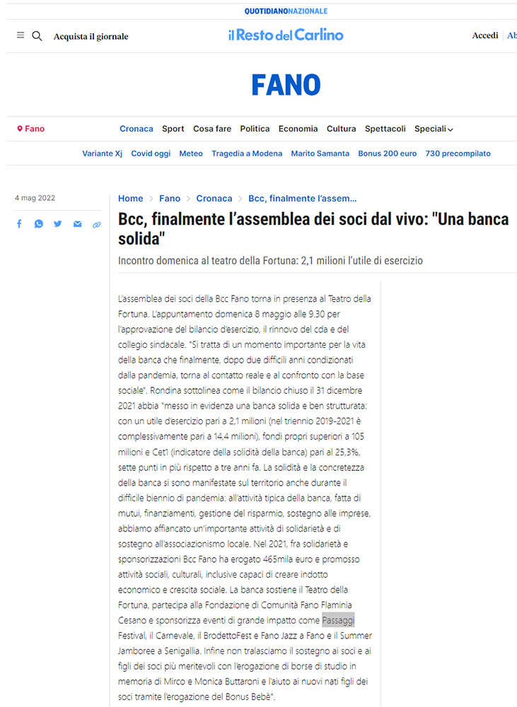 Il Resto del Carlino – Bcc, finalmente l’assemblea dei soci dal vivo: “Una banca solida”