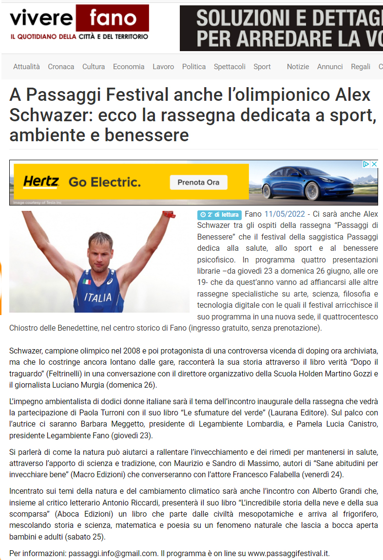 Vivere Fano – A Passaggi Festival anche l’olimpionico Alex Schwazer: ecco la rassegna dedicata a sport, ambiente e benessere