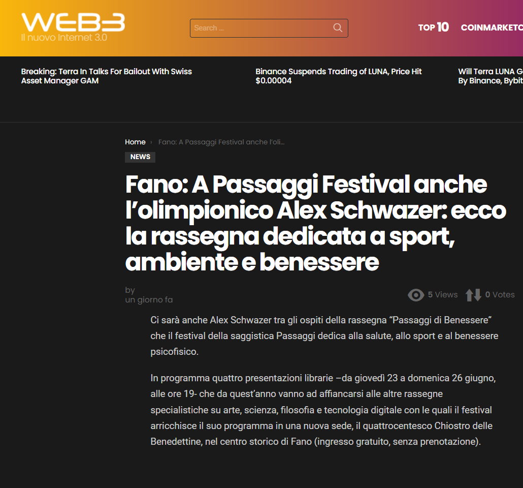 Web 3 – Fano: a Passaggi Festival anche l’olimpionico Alex Schwazer