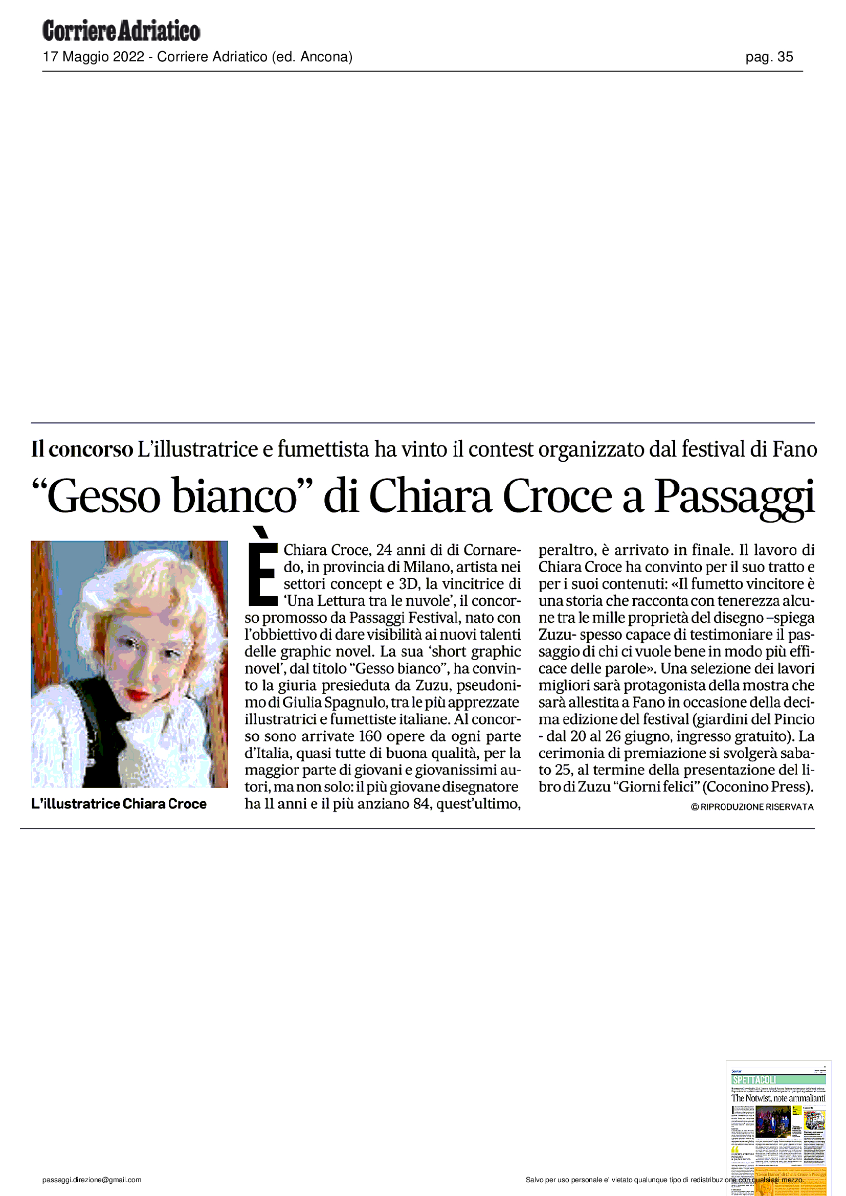 Corriere Adriatico – “Gesso bianco” di Chiara Croce a Passaggi