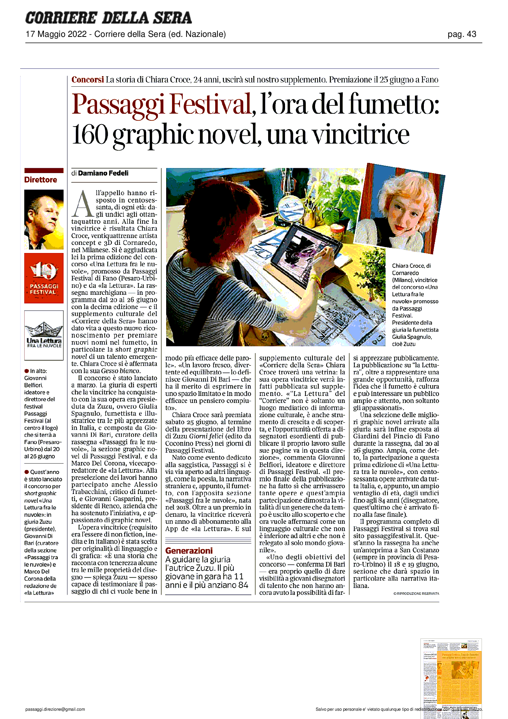 Corriere della sera – Passaggi Festival, l’ora del fumetto: 160 graphic novel, una vincitrice