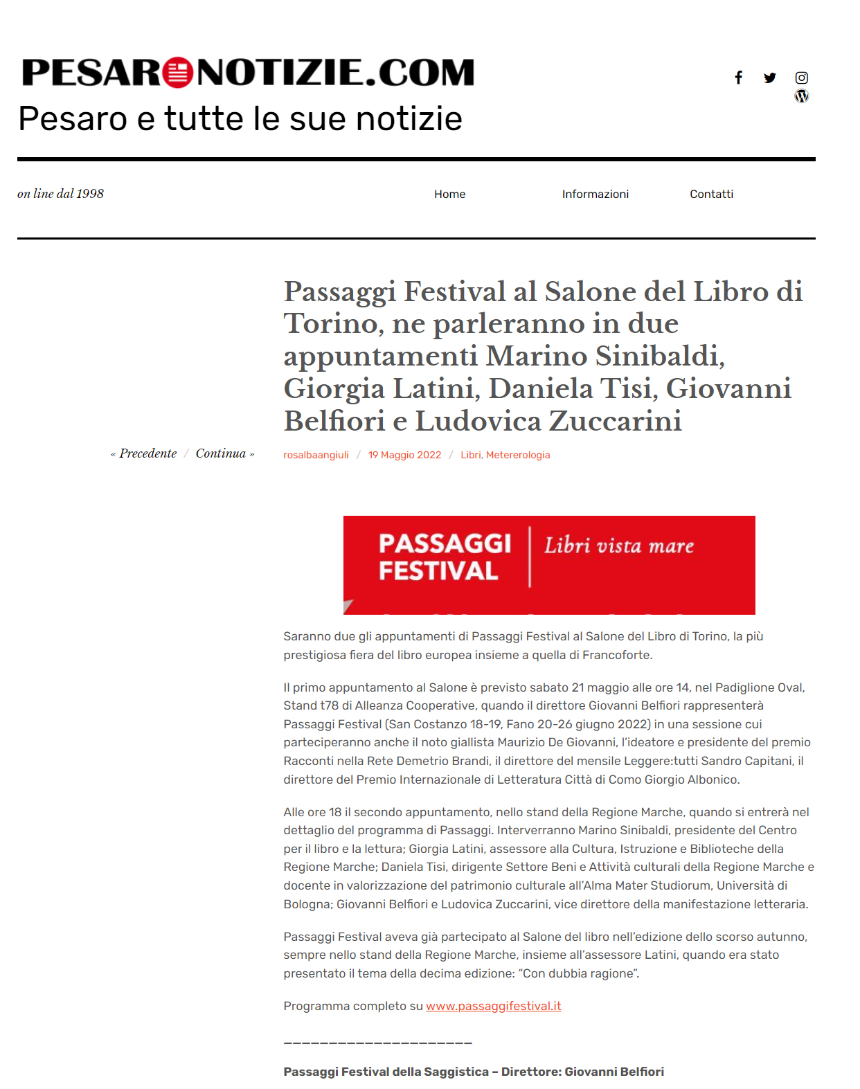 Pesaro Notizie – Passaggi Festival al Salone del Libro di Torino