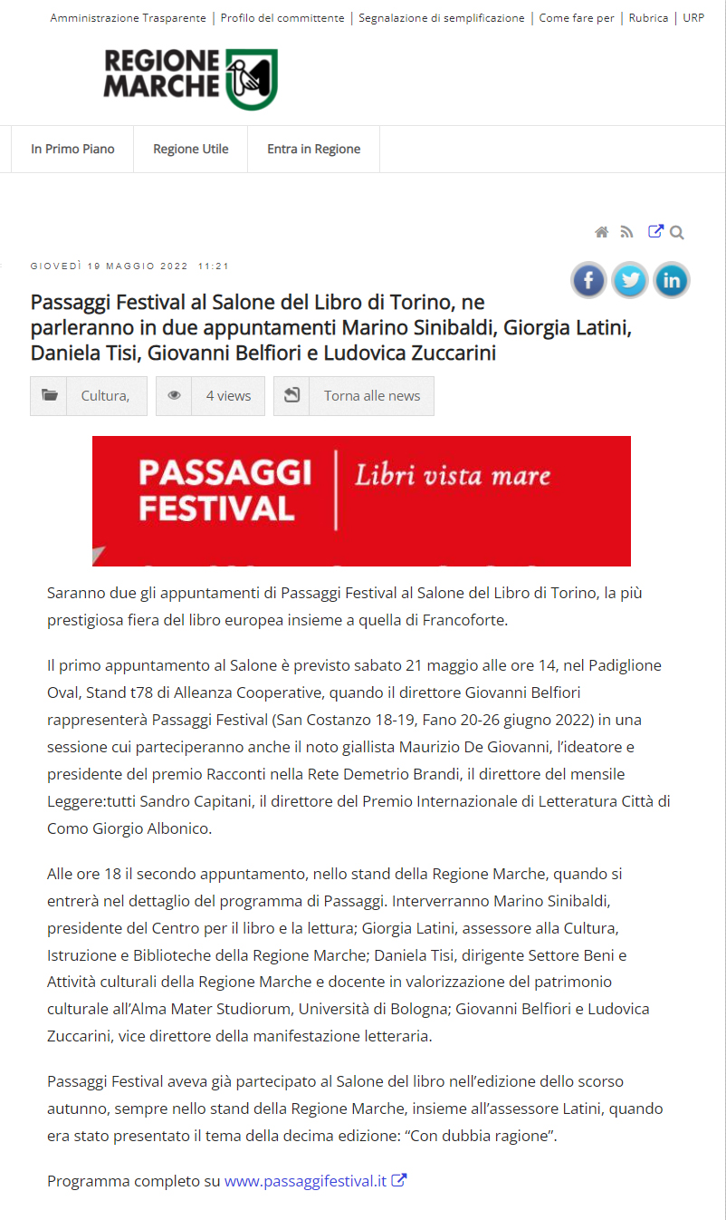 Regione Marche – Passaggi Festival al Salone del Libro di Torino, ne parleranno in due appuntamenti Marino Sinibaldi, Giorgia Latini, Daniela Tisi, Giovanni Belfiori e Ludovica Zuccarini