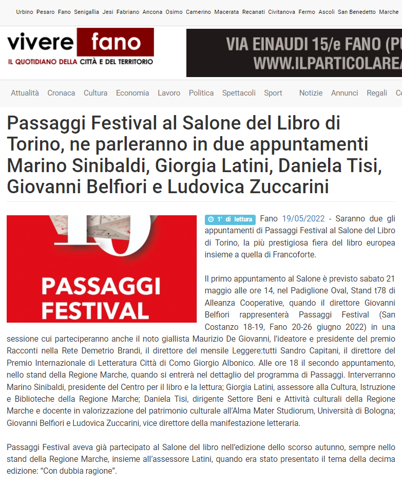 Vivere Fano – Passaggi festival al Salone del Libro di Torino