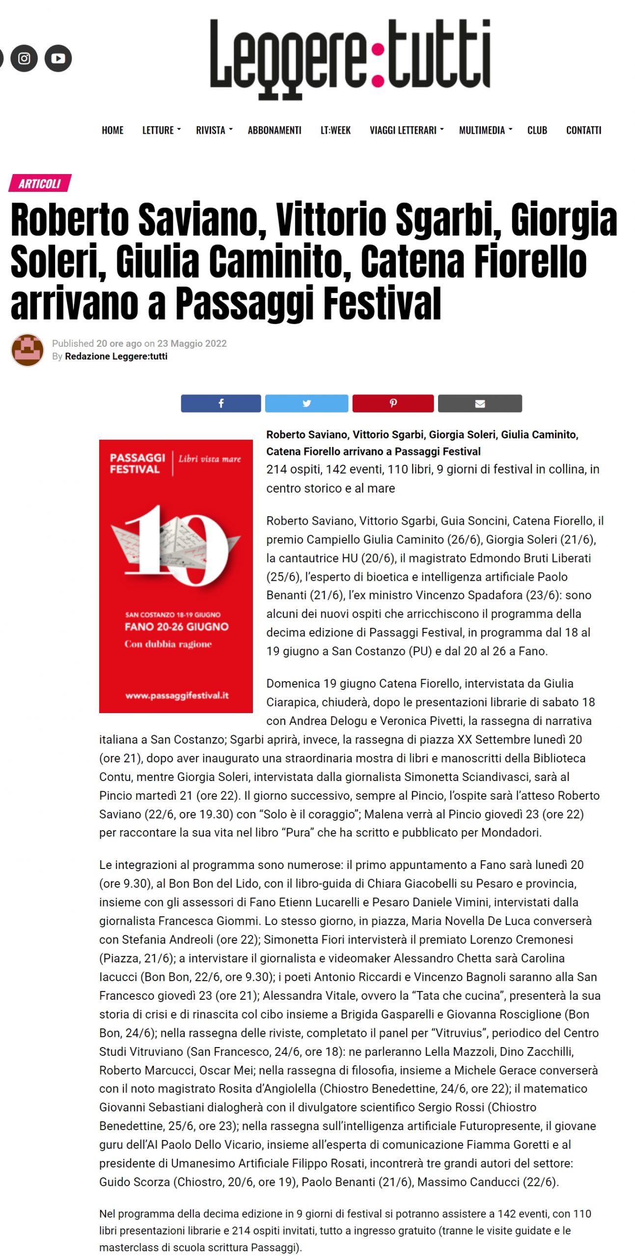 Leggere Tutti – Roberto Saviano, Vittorio Sgarbi, Giorgia Soleri, Giulia Caminito, Catena Fiorello arrivano a Passaggi Festival