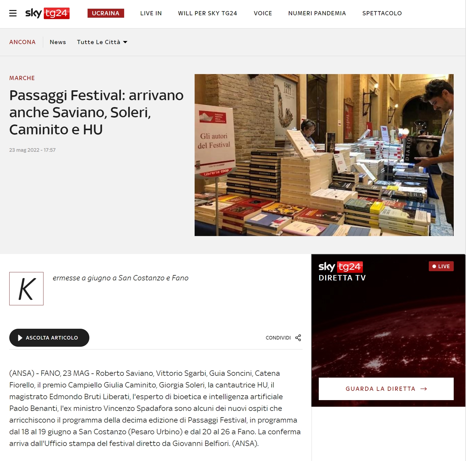 SkyTg 24 – Passaggi Festival: arrivano anche Saviano, Soleri, Caminito e HU