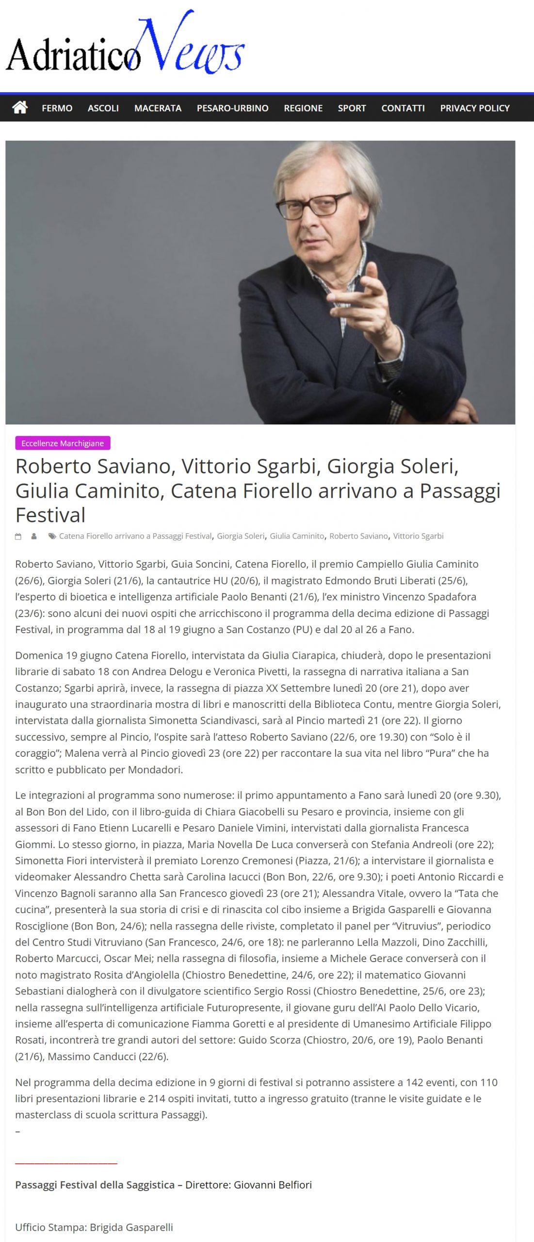 Adriatico News – Roberto Saviano, Vittorio Sgarbi, Giorgia Soleri, Giulia Caminito, Catena Fiorello arrivano a Passaggi Festival