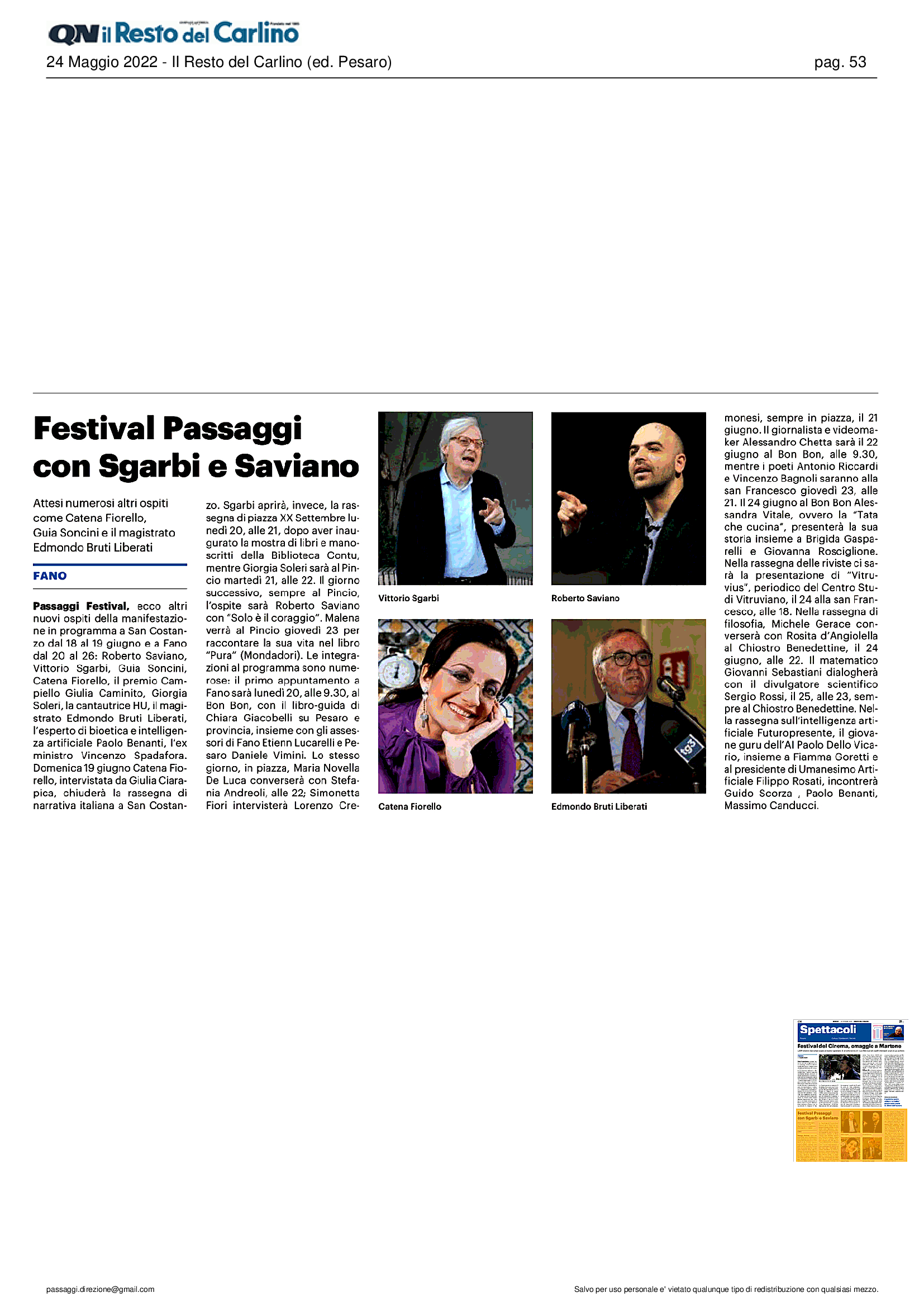 Il Resto del Carlino – Festival Passaggi con Sgarbi e Saviano