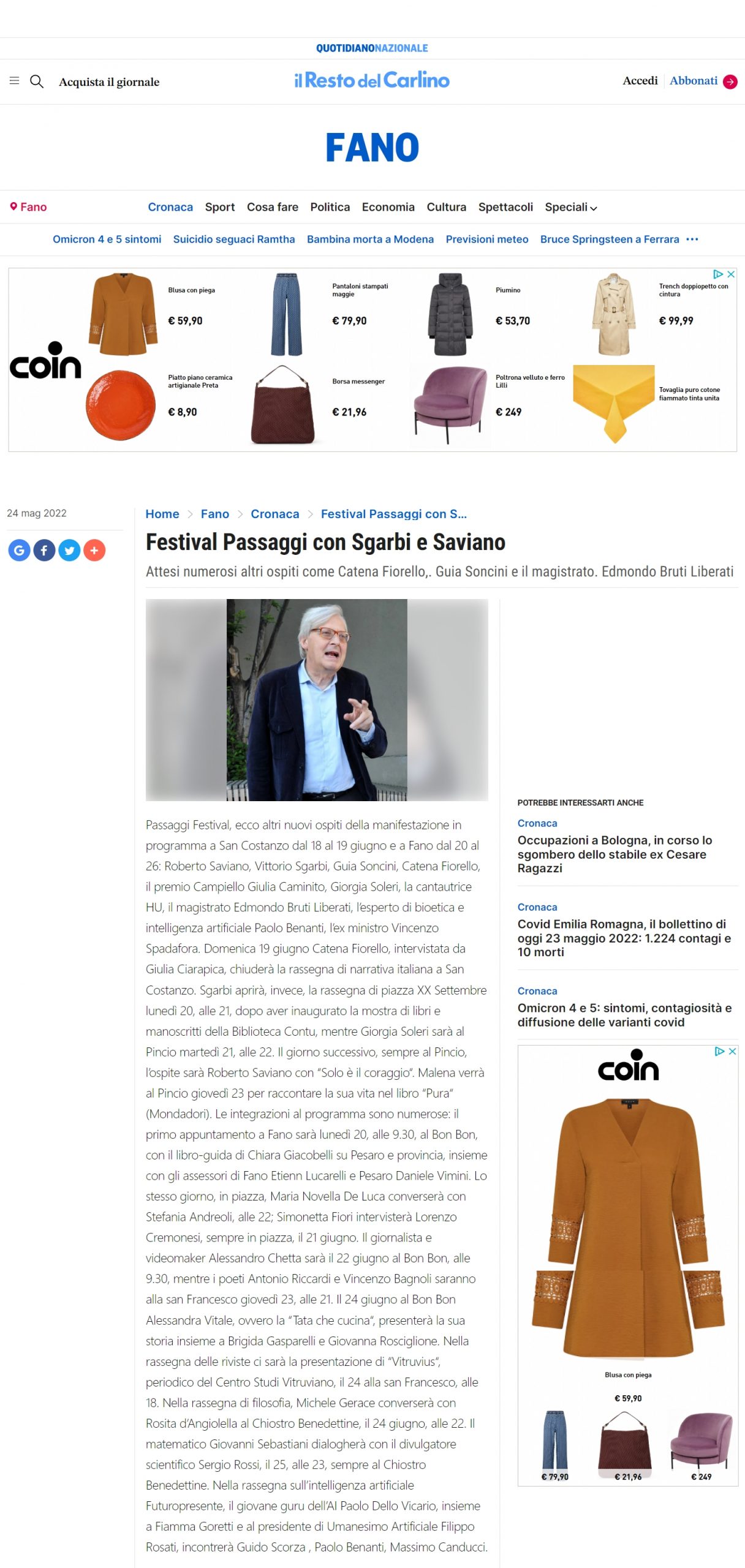 il Resto del Carlino – Festival Passaggi con Sgarbi e Saviano