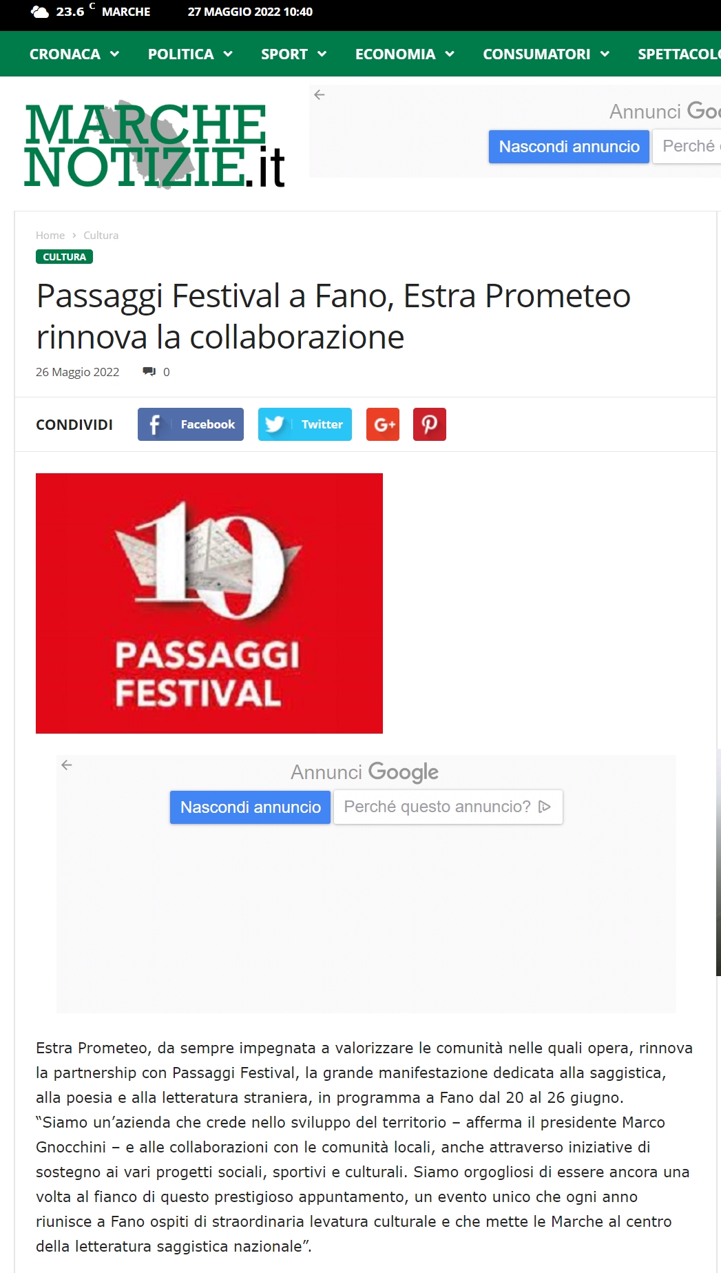 Marche Notizie – Passaggi Festival a Fano, Estra Prometeo rinnova la collaborazione