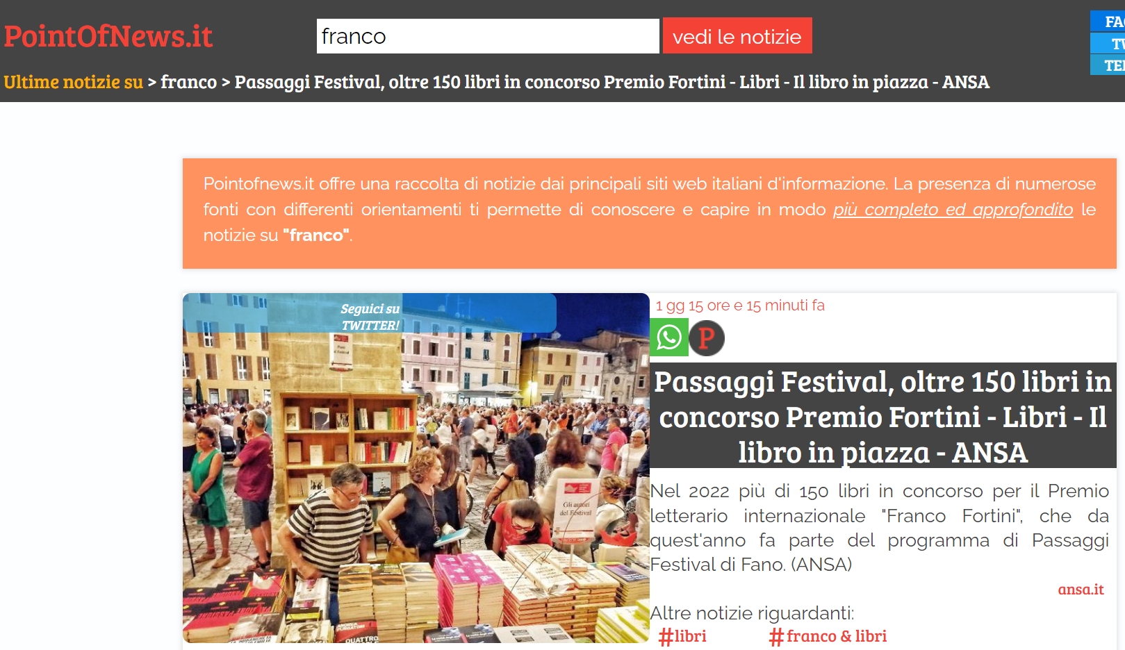 Point of News – Passaggi festival, oltre 150 libri in concorso premio Fortini – Libri – il libro in piazza