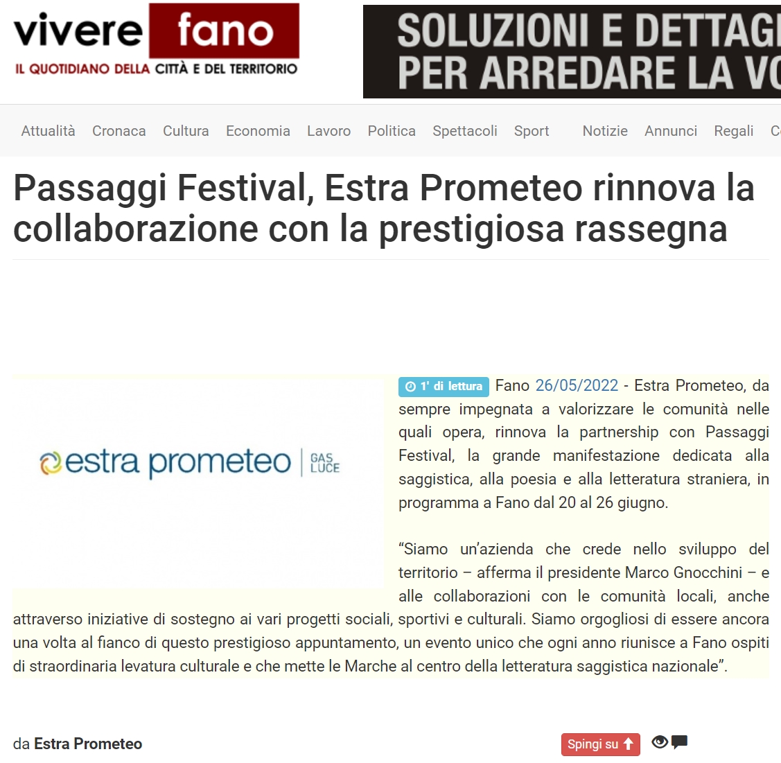 VivereFano – Passaggi Festival, Estra Prometeo rinnova la collaborazione con la prestigiosa rassegna