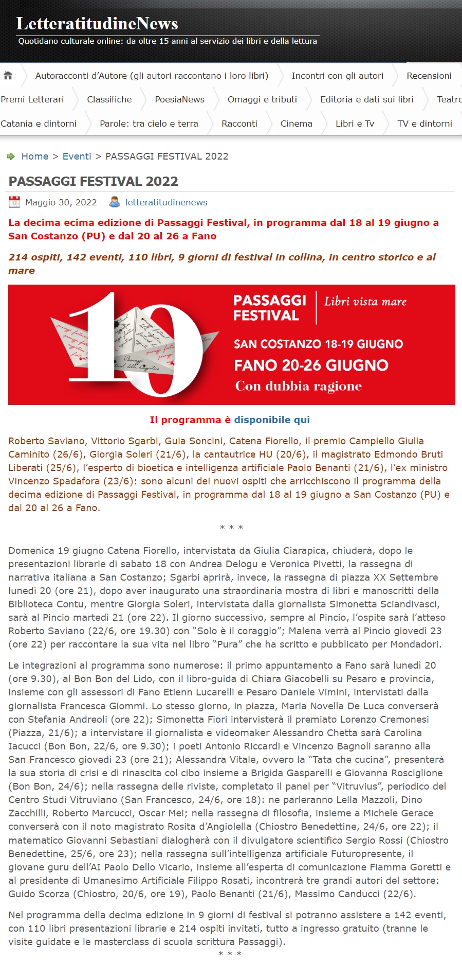 Letteratudine – La decima ecima edizione di Passaggi Festival, in programma dal 18 al 19 giugno a San Costanzo (PU) e dal 20 al 26 a Fano