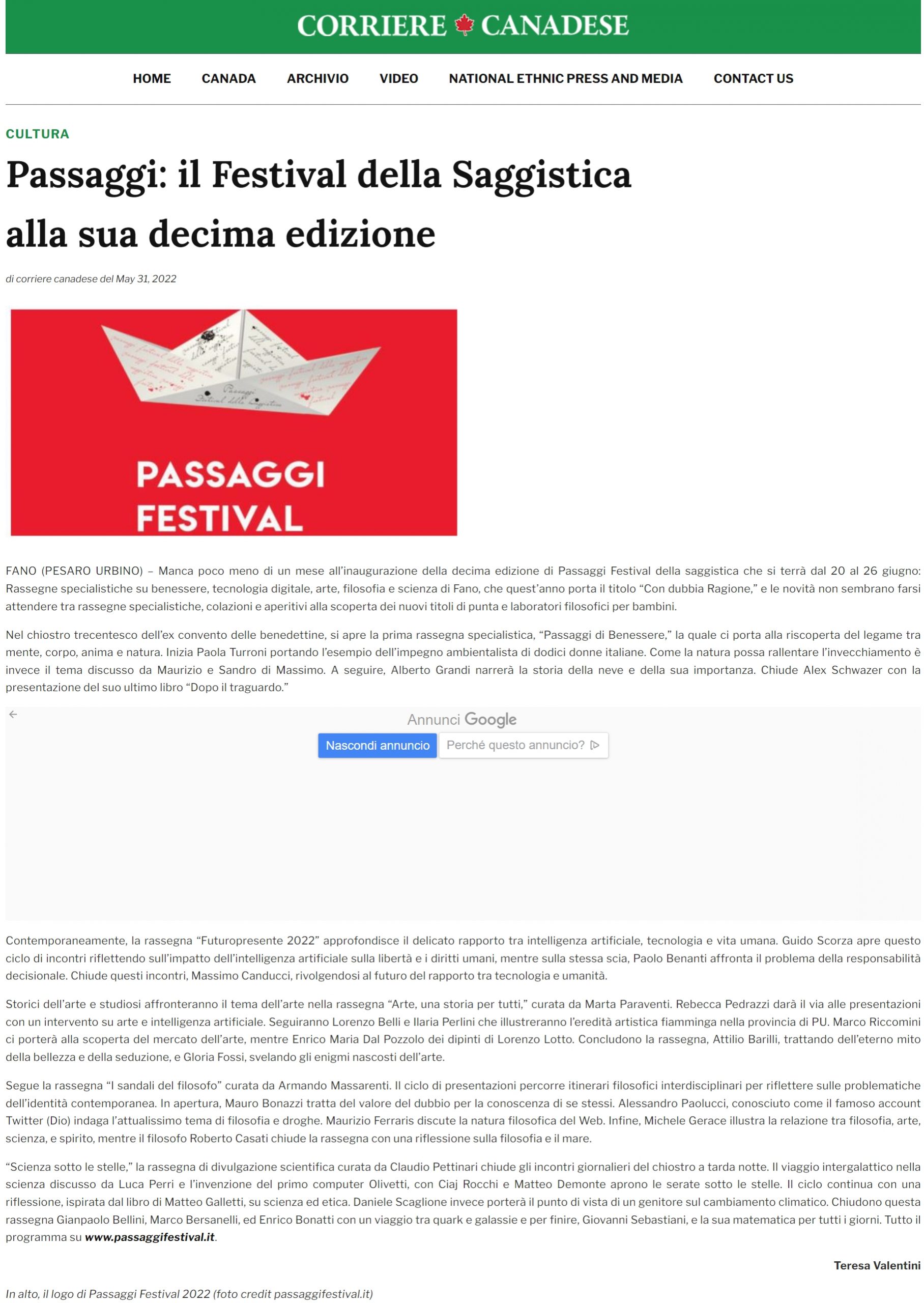 Corriere Canadese – Passaggi: il Festival della Saggistica alla sua decima edizione