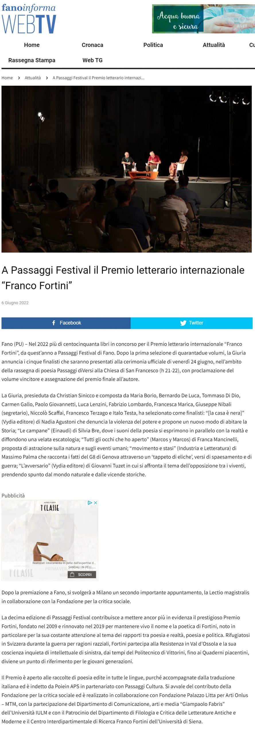 Fano Informa – A Passaggi Festival il Premio letterario internazionale “Franco Fortini”