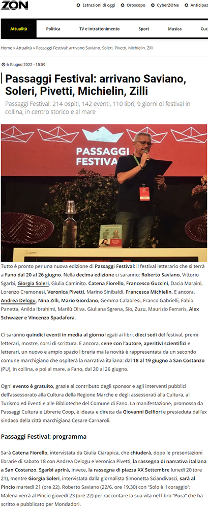 Zon – Passaggi Festival: arrivano Saviano, Soleri, Pivetti, Michielin, Zilli