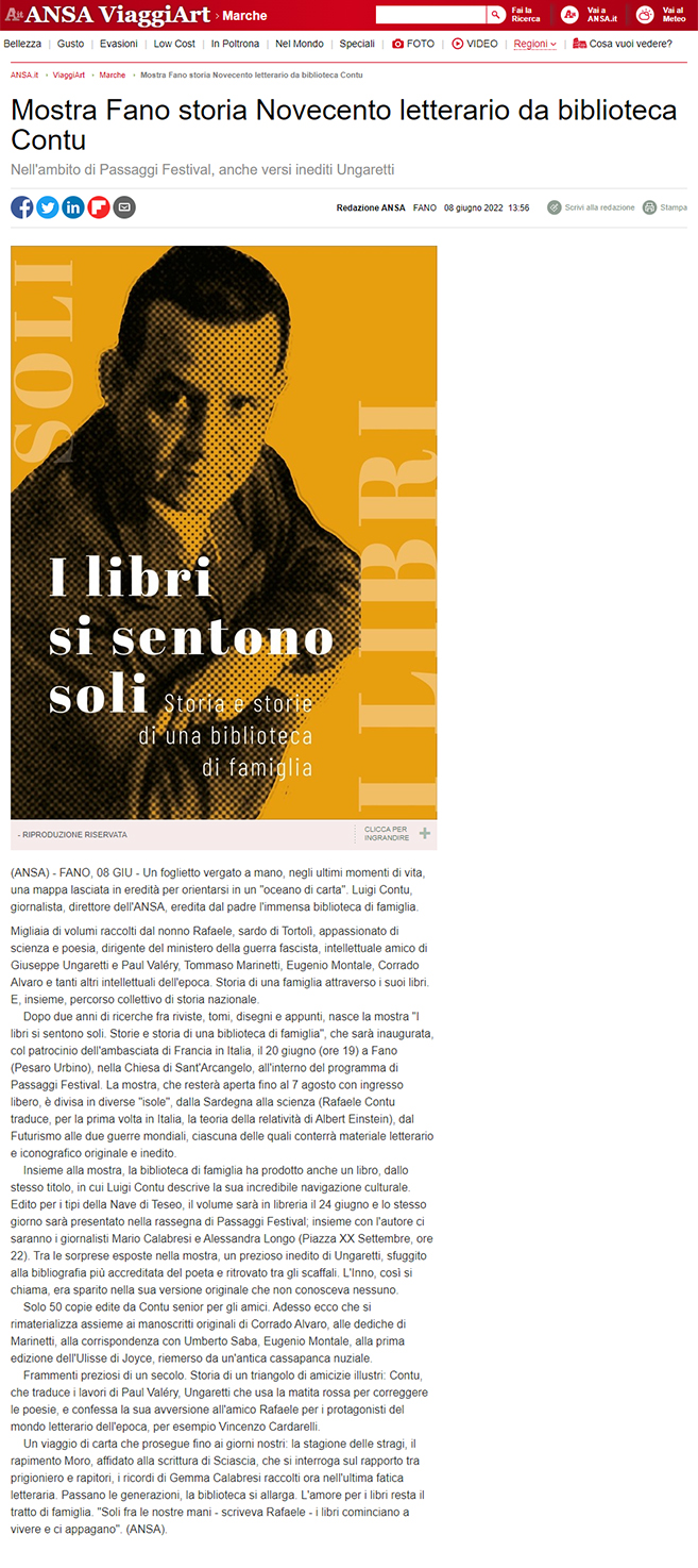 Ansa – Mostra Fano storia Novecento letterario da biblioteca Contu