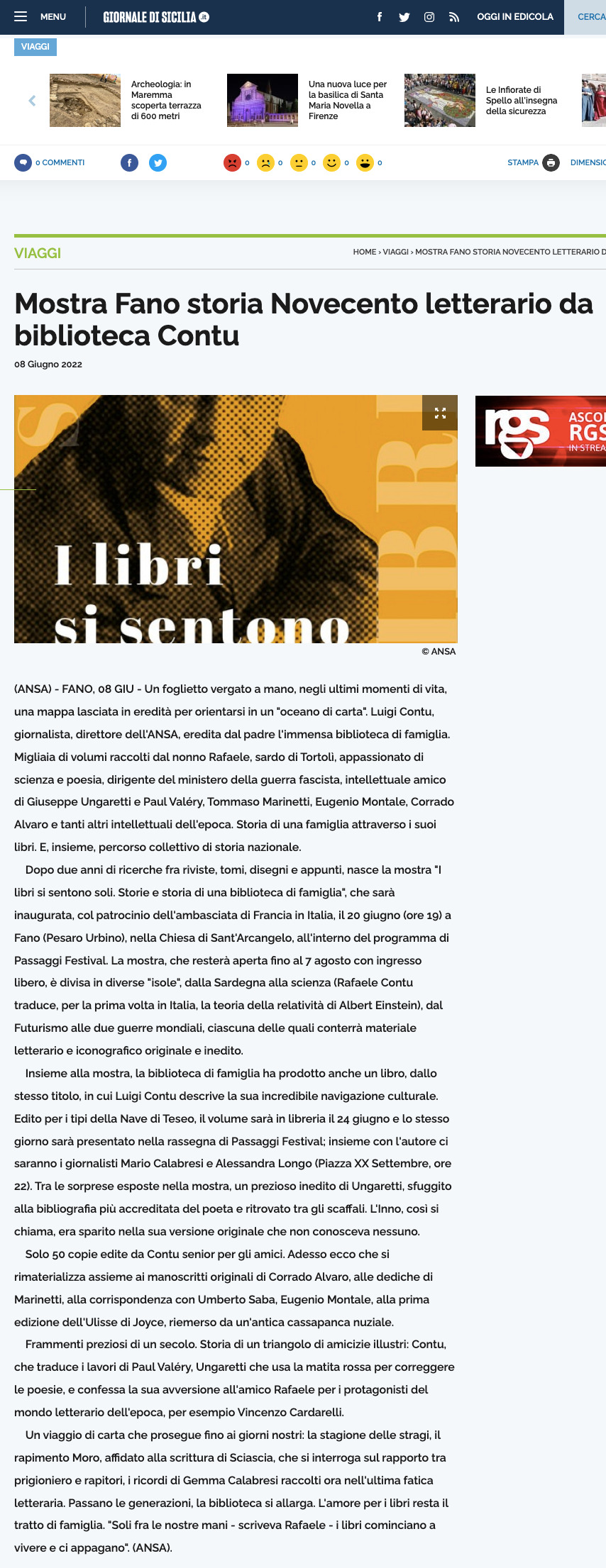 Giornale di Sicilia – Mostra Fano storia Novecento letterario da biblioteca Contu