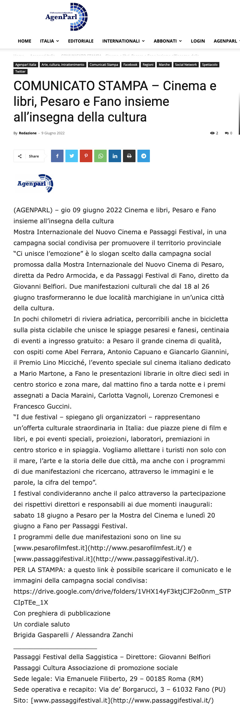 AgenParl – COMUNICATO STAMPA – Cinema e libri, Pesaro e Fano insieme all’insegna della cultura