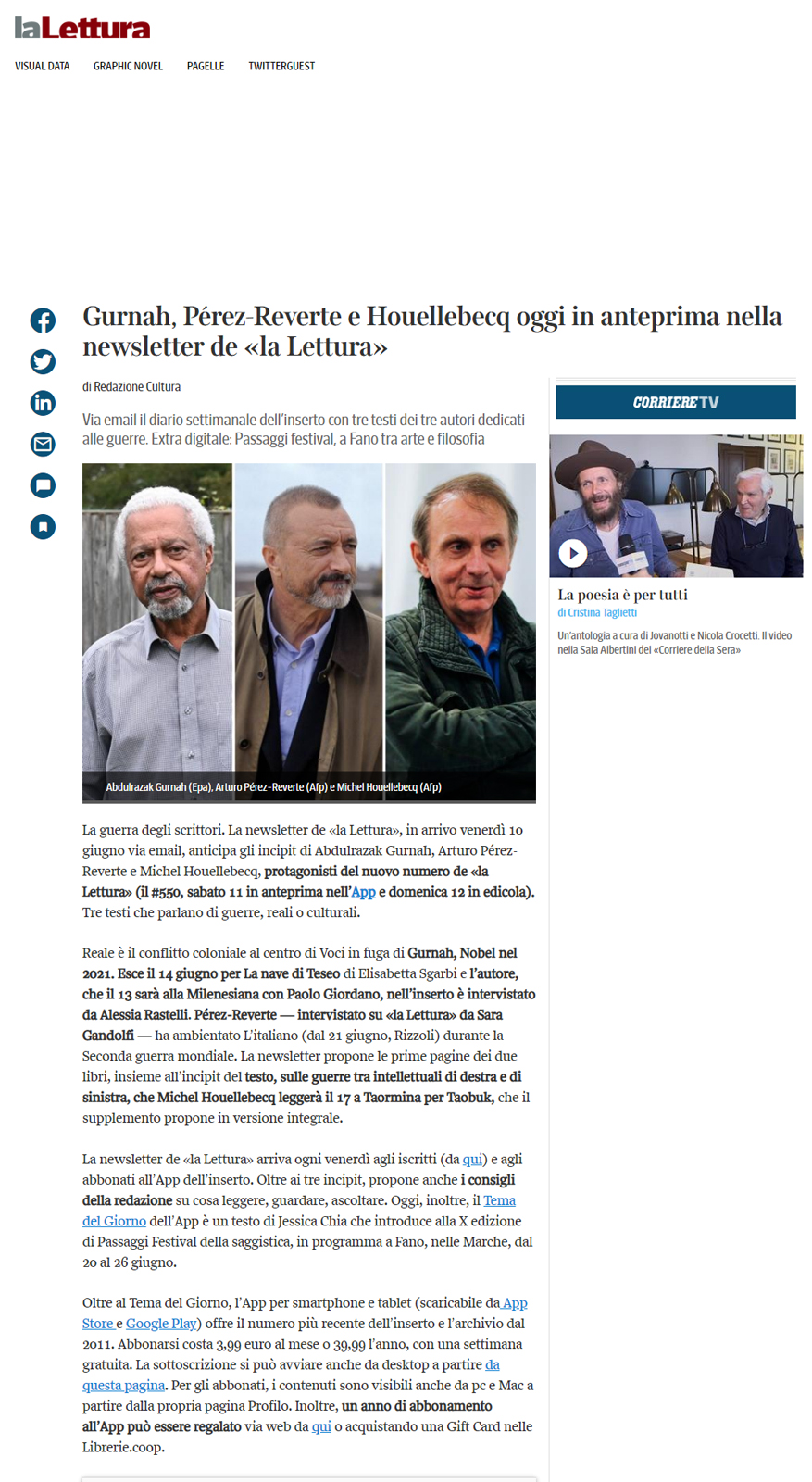 Corriere della Sera/La Lettura – Gurnah, Pérez-Reverte, Houellebecq oggi in anteprima nella newsletter de “la Lettura”