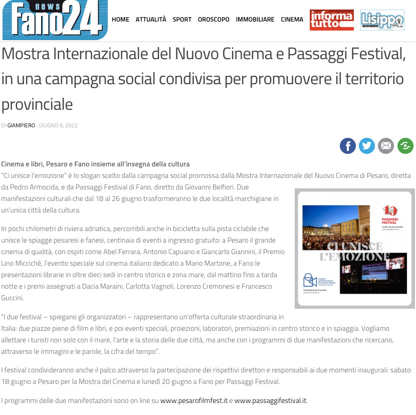 Fano24 – Mostra Internazionale del Nuovo Cinema e Passaggi Festival, in una campagna social condivisa per promuovere il territorio provinciale