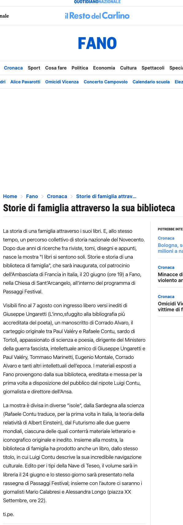 Il Resto del Carlino – Storie di famiglia attraverso la sua biblioteca