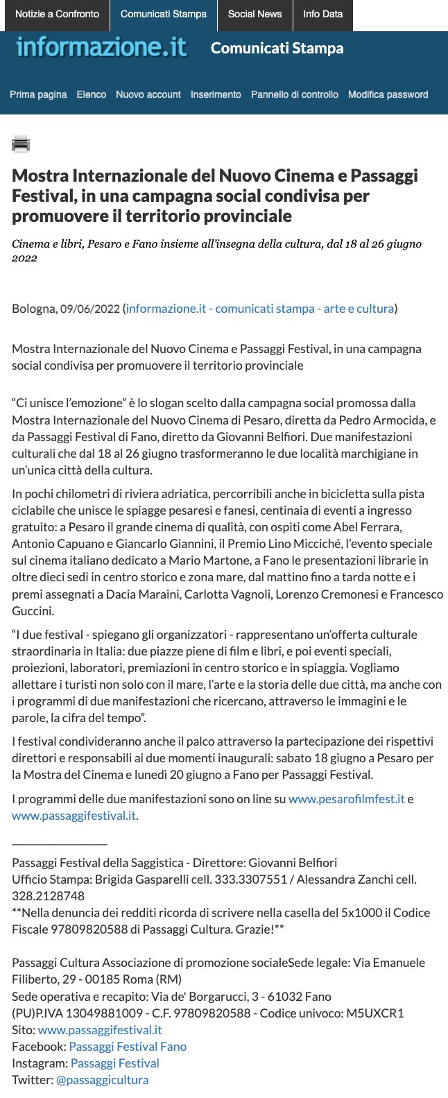 Informazione.it – Mostra Internazionale del Nuovo Cinema e Passaggi Festival, in una campagna social condivisa per promuovere il territorio provinciale