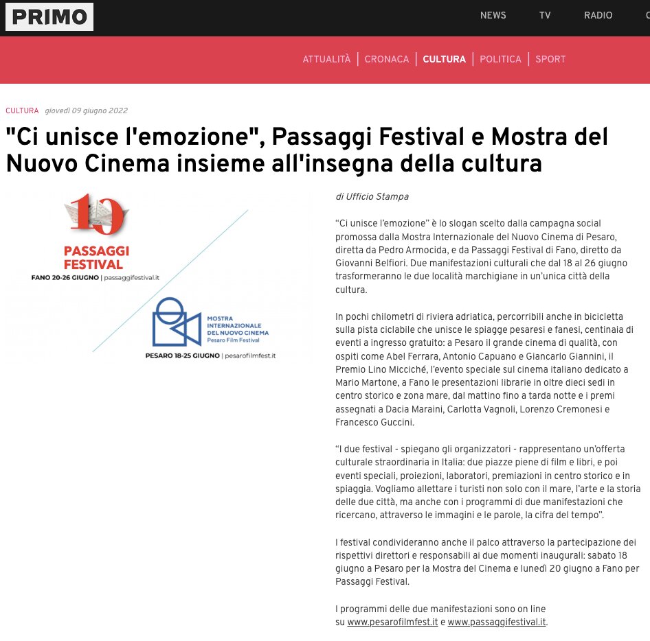 Primo Comunicazione – “Ci unisce l’emozione”, Passaggi Festival e Mostra del Nuovo Cinema insieme all’insegna della cultura