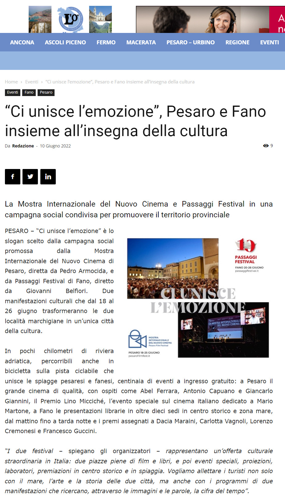 Marche News – “Ci unisce l’emozione”, Pesaro e Fano insieme all’insegna della cultura