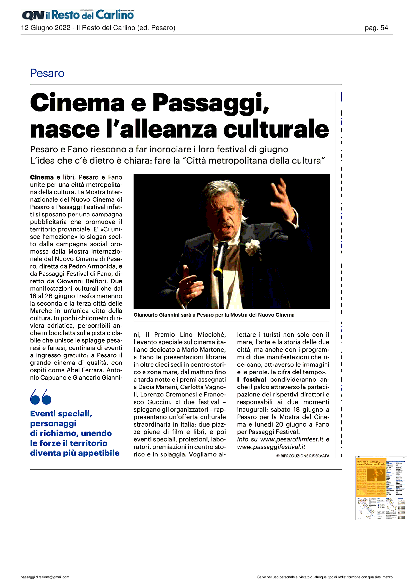 Il Resto del Carlino – Cinema e Passaggi, nasce l’alleanza culturale