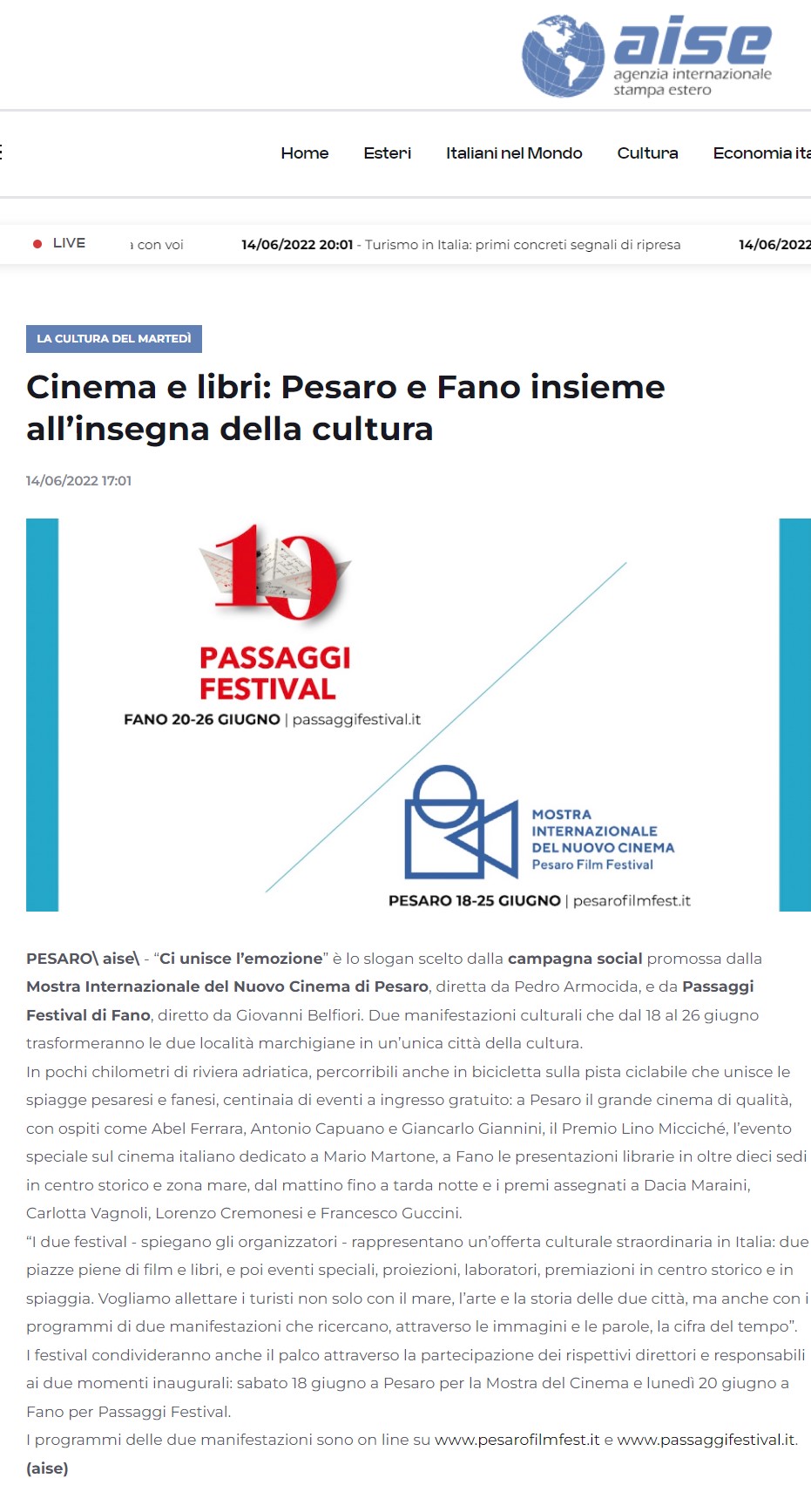 Aise – Cinema e libri: Pesaro e Fano insieme all’insegna della cultura