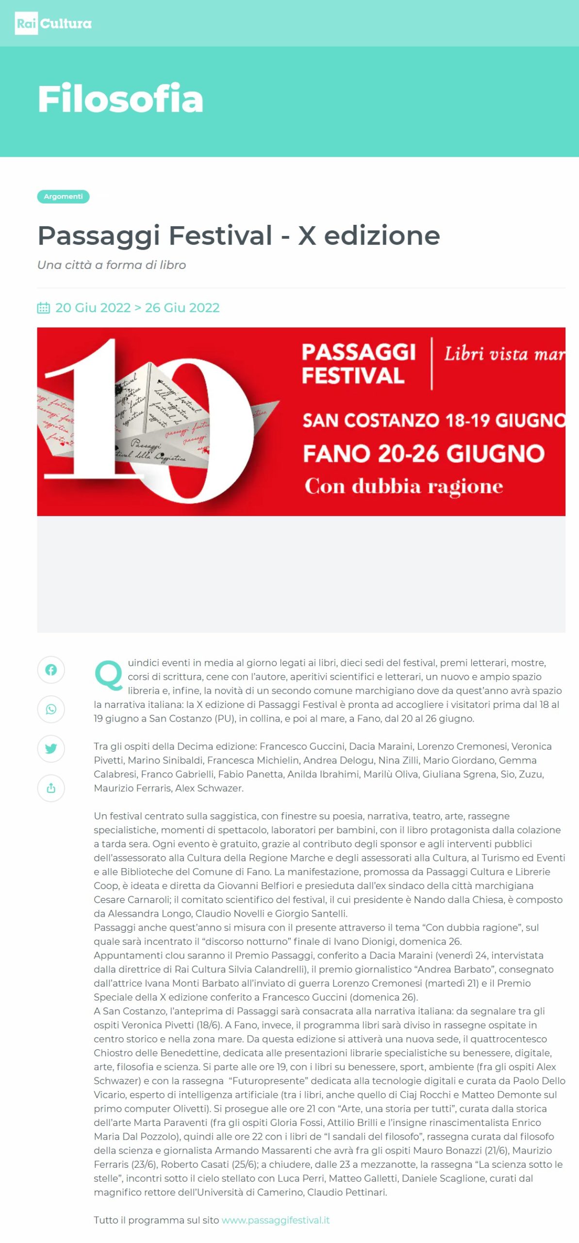 Rai Cultura – Passaggi Festival – X edizione