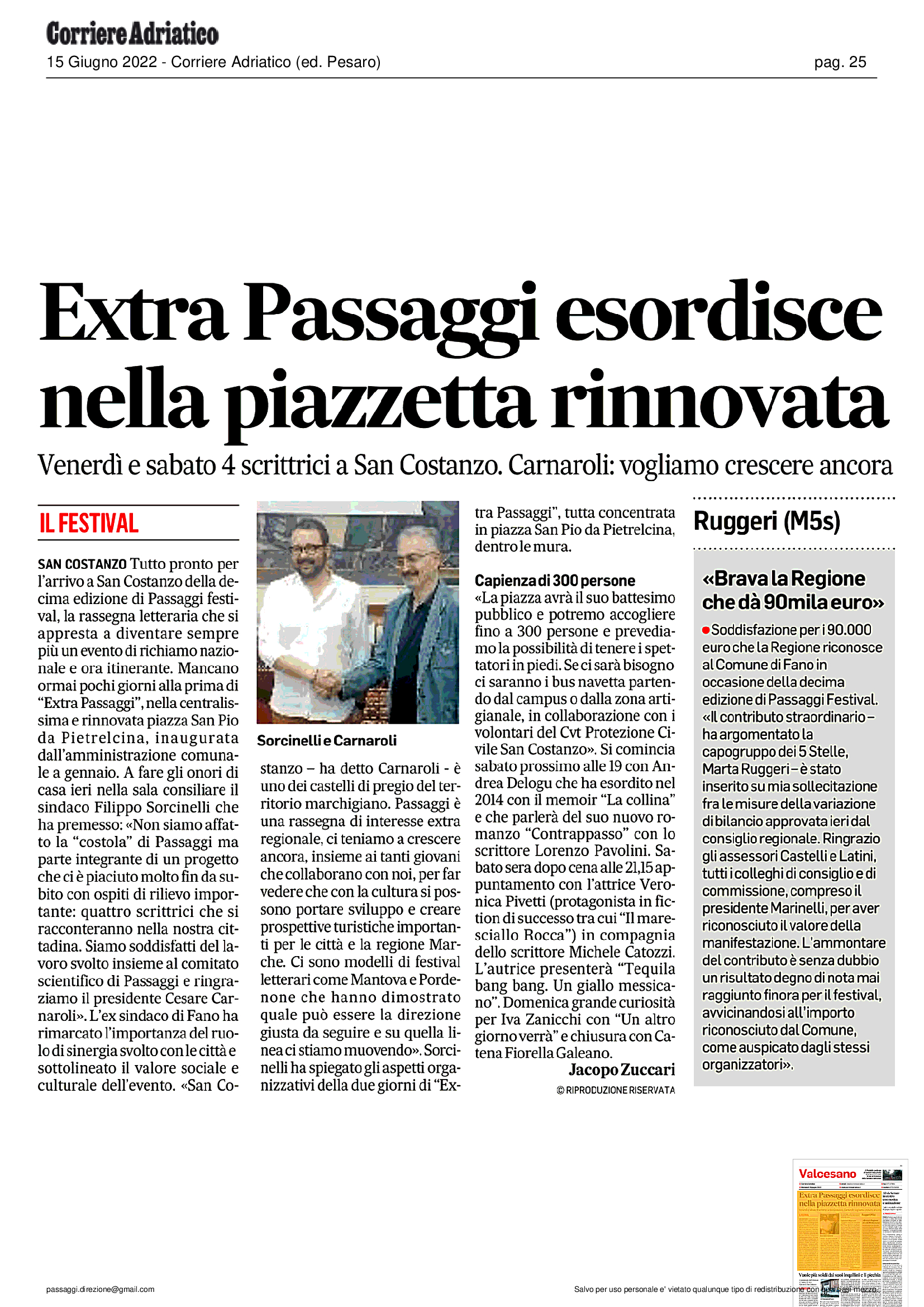 Corriere Adriatico – Extra Passaggi esordisce nella piazzetta rinnovata