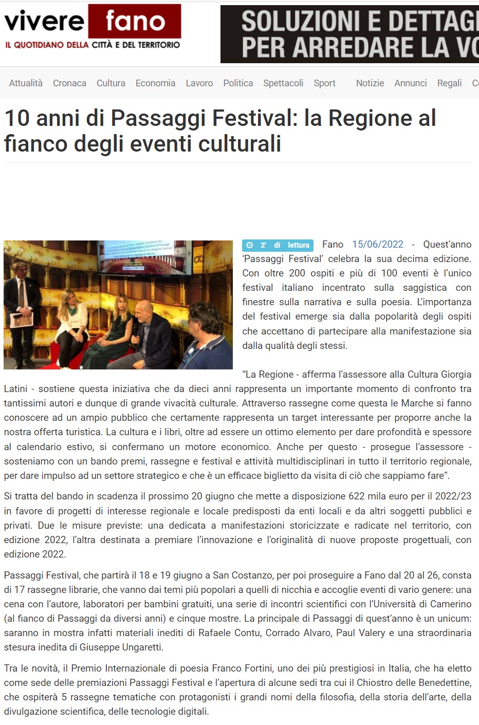 VivereFano – 10 anni di Passaggi Festival: la Regione al fianco degli eventi culturali