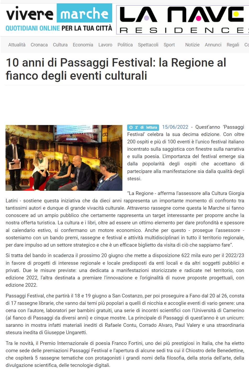 VivereMarche – 10 anni di Passaggi Festival: la Regione al fianco degli eventi culturali