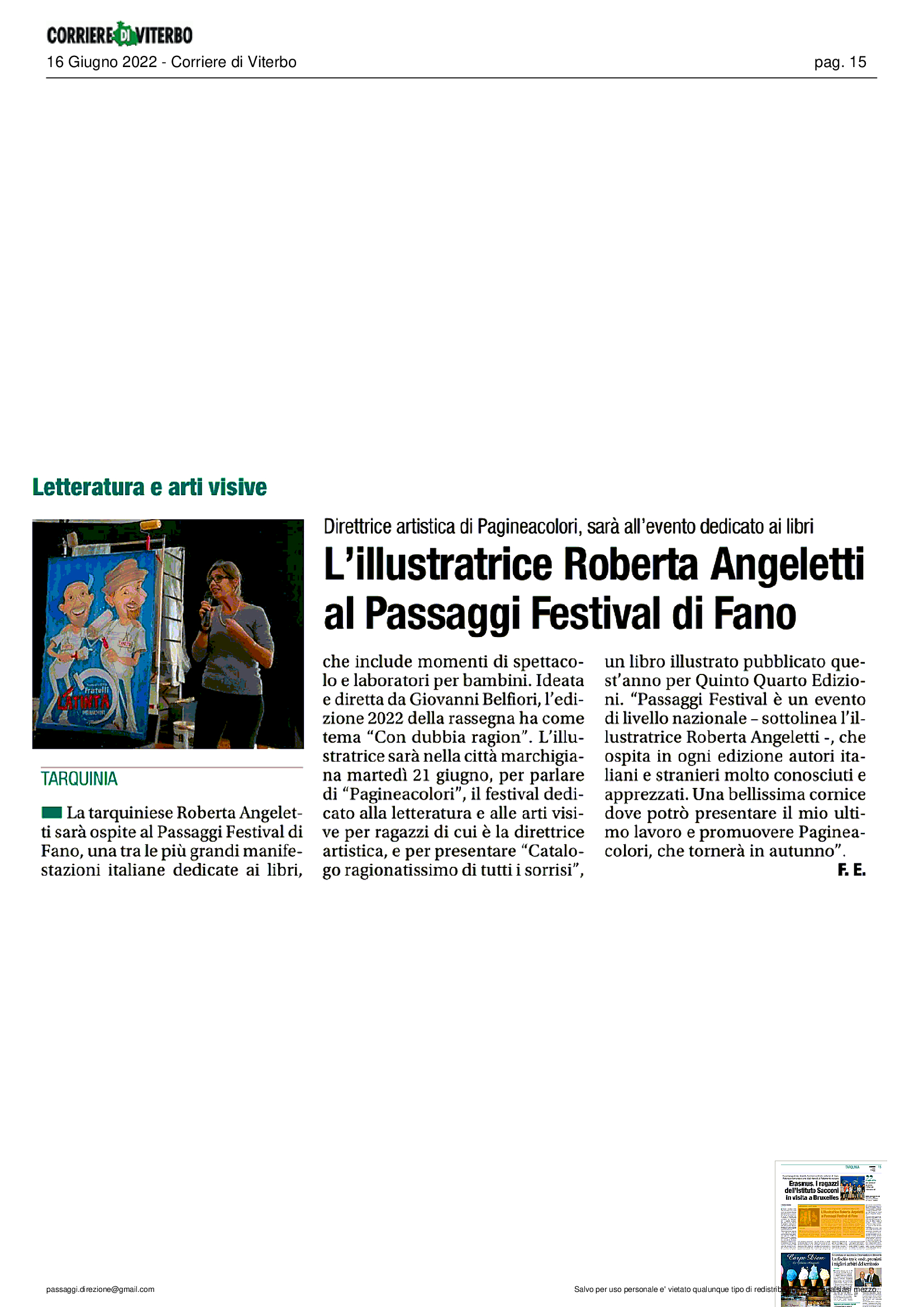 Corriere di Viterbo – L’illustratrice Roberta Angeletti al Passaggi Festival di Fano