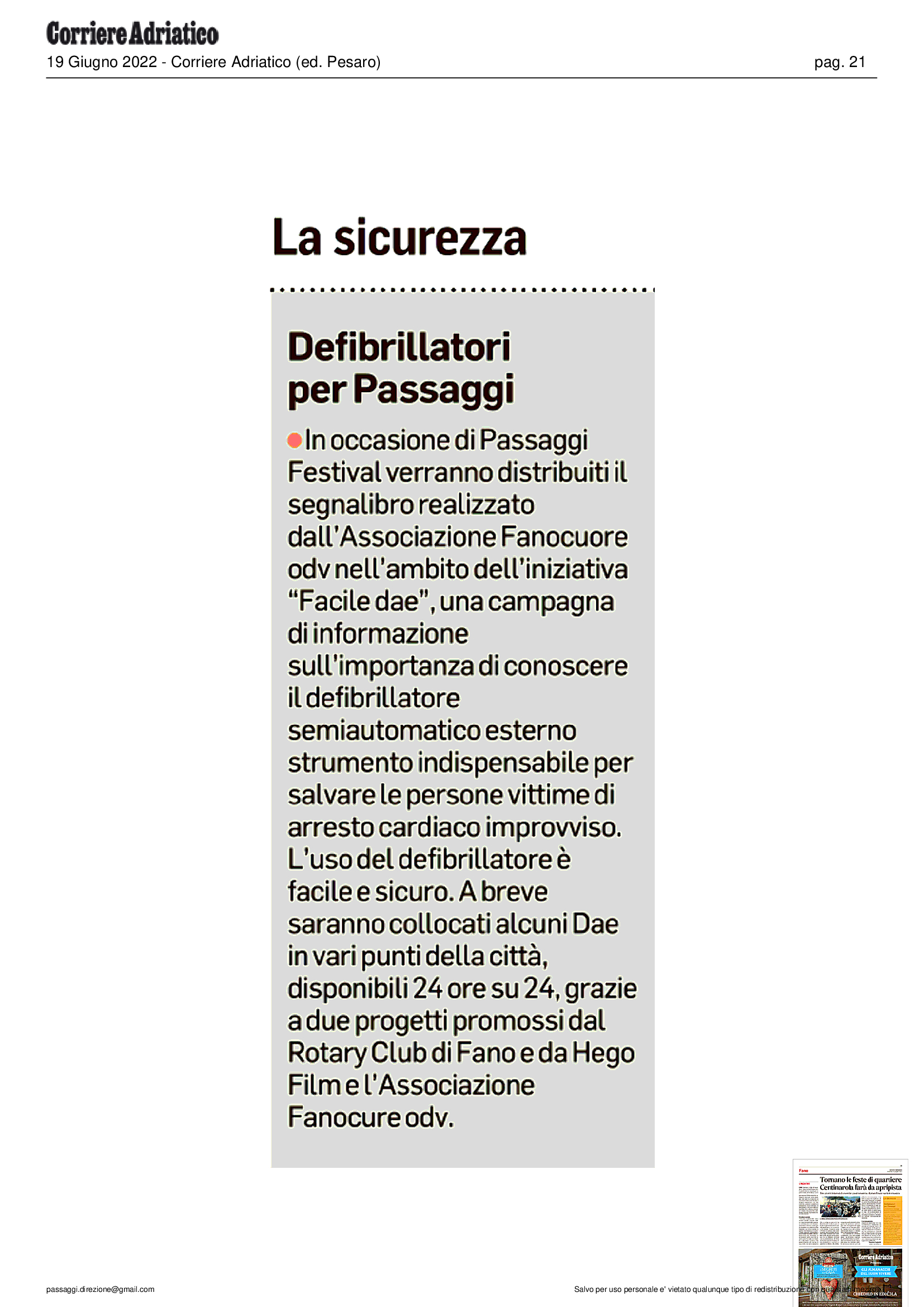 Corriere Adriatico (ed. Pesaro) – Defibrillatori per Passaggi