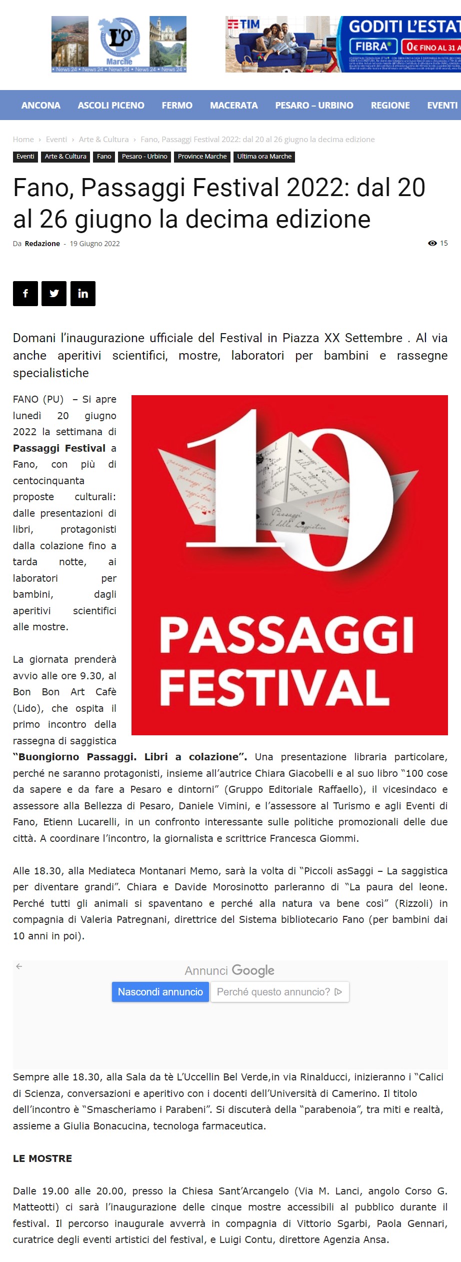 Marche News 24 – Fano, Passaggi Festival 2022: dal 20 al 26 giugno la decima edizione