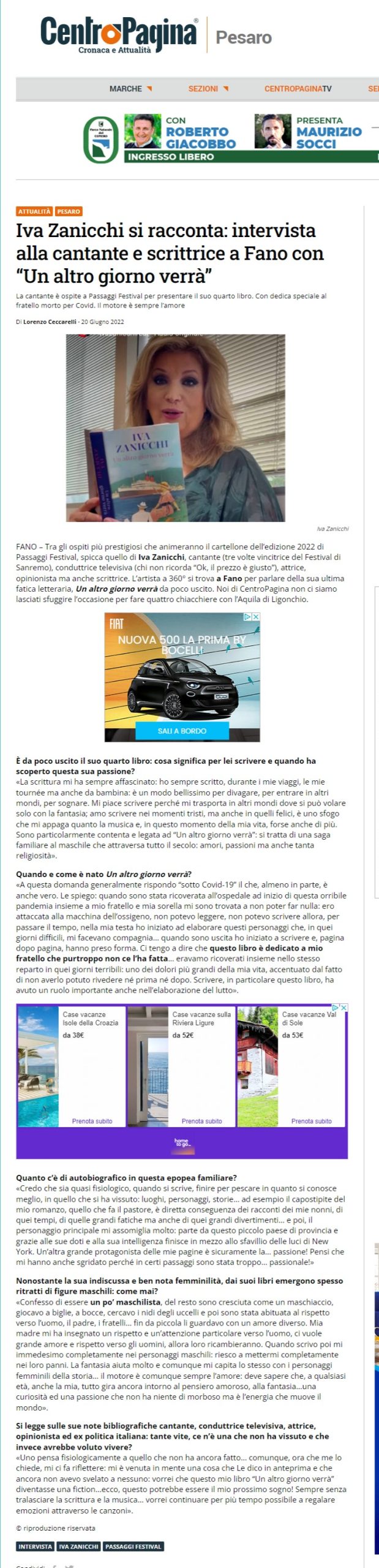 Centro Pagina – Iva Zanicchi si racconta: intervista alla cantante e scrittrice a Fano con “Un altro giorno verrà”