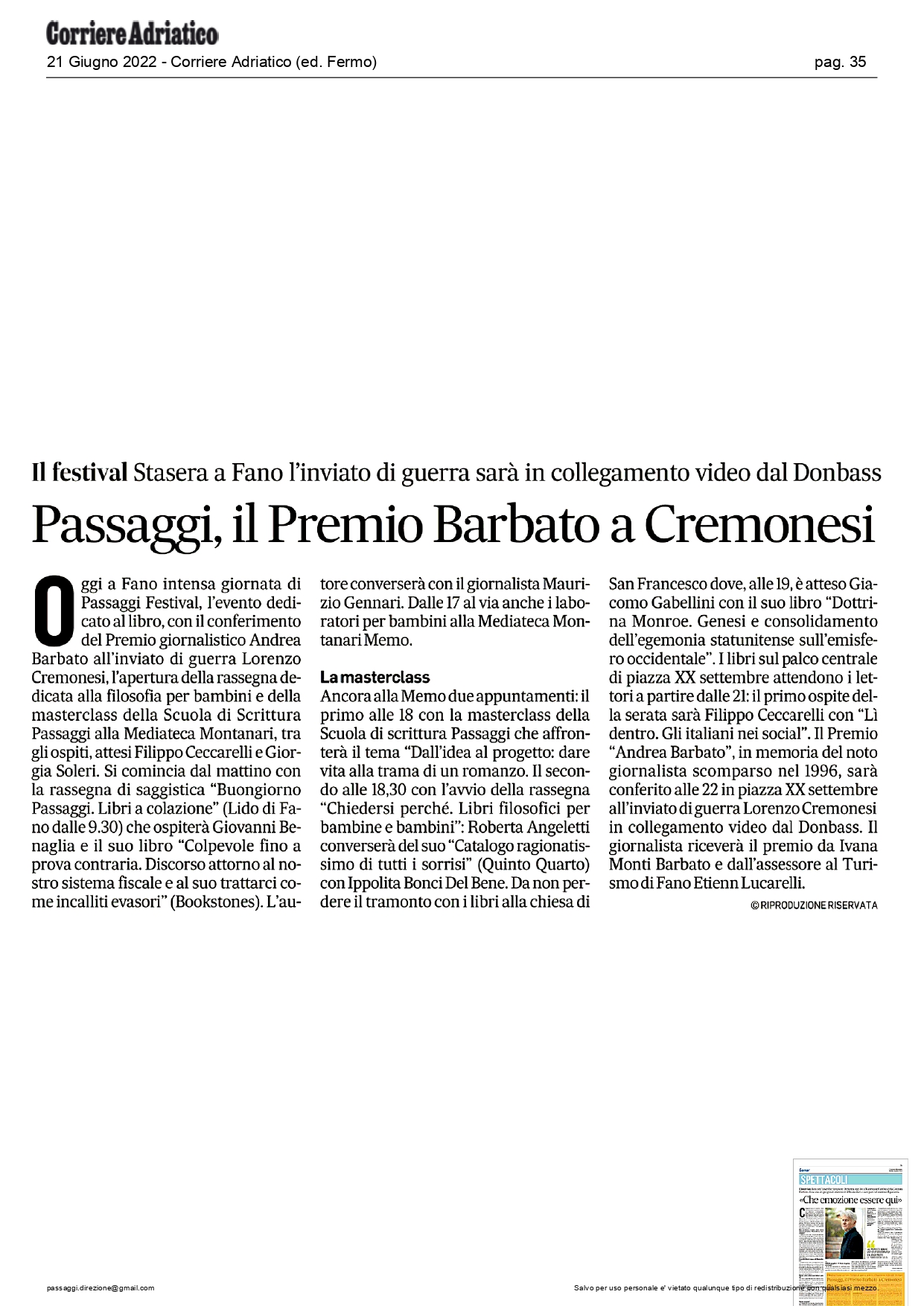 Corriere Adriatico ed. Fermo Passaggi il Premio Barbato a Cremonesi