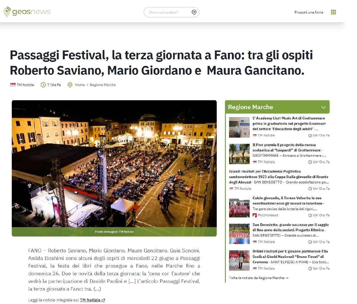 Geosnews – Passaggi Festival, la terza giornata a Fano: tra gli ospiti Roberto Saviano, Mario Giordano e Maura Gancitano.