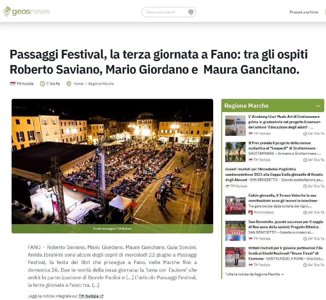 Geosnews – Passaggi Festival, la terza giornata a Fano: tra gli ospiti Roberto Saviano, Mario Giordano e Maura Gancitano.