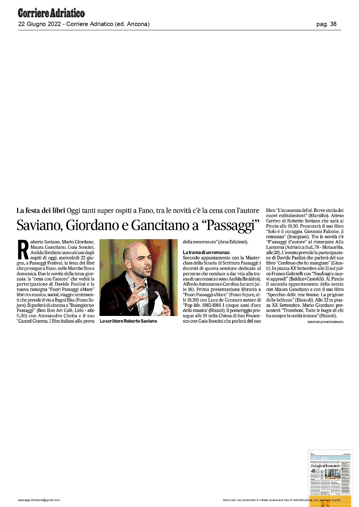 Corriere Adriatico – Saviano, Giordano e Gancitano a “Passaggi”