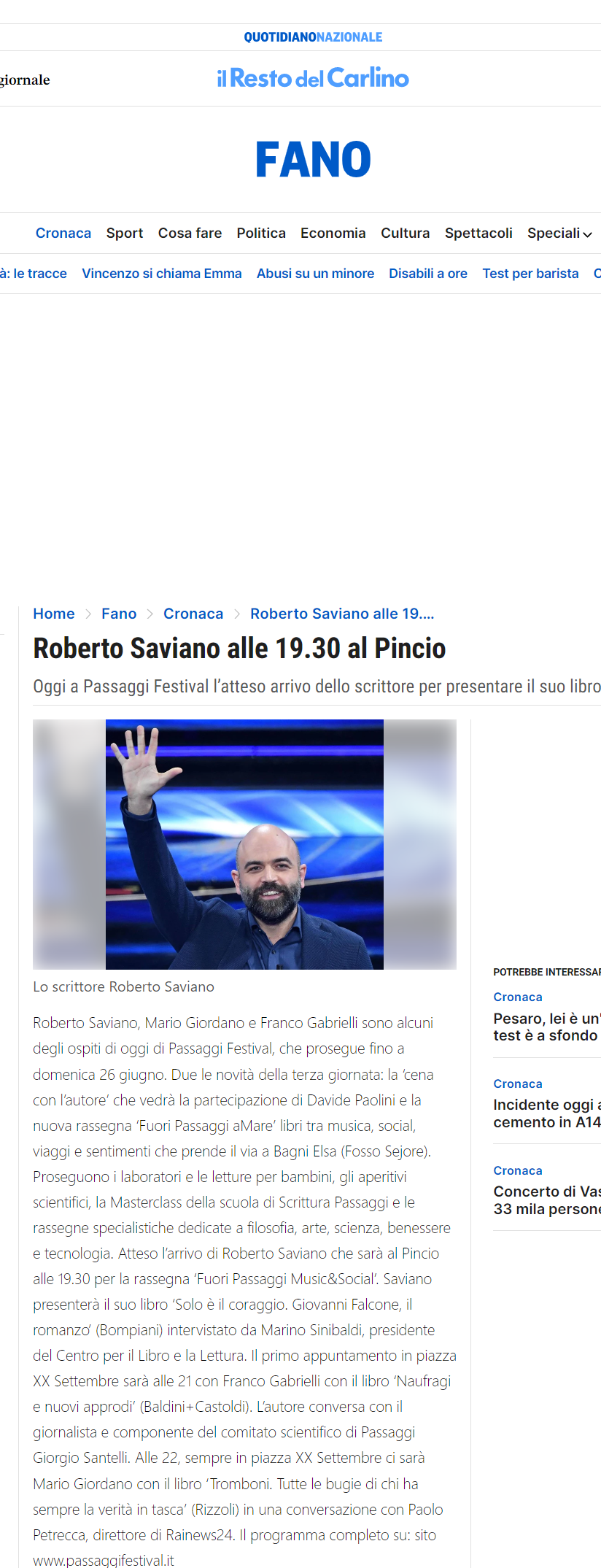 Il Resto del Carlino – Roberto Saviano alle 19:30 al Pincio