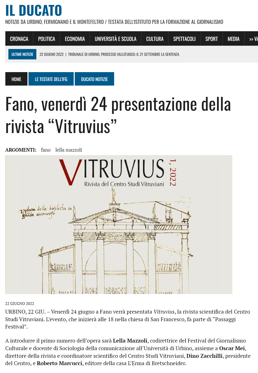 Il Ducato – Fano, venerdì 24 presentazione della rivista “Vitruvius”