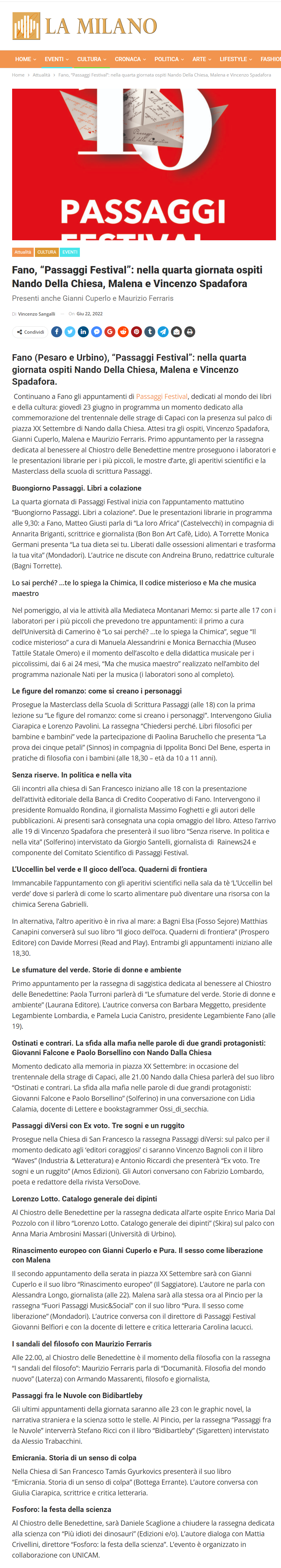 La Milano – Fano, Passaggi Festival nella quarta giornata ospiti Nando della Chiesa, Malena e Vincenzo Spadafora