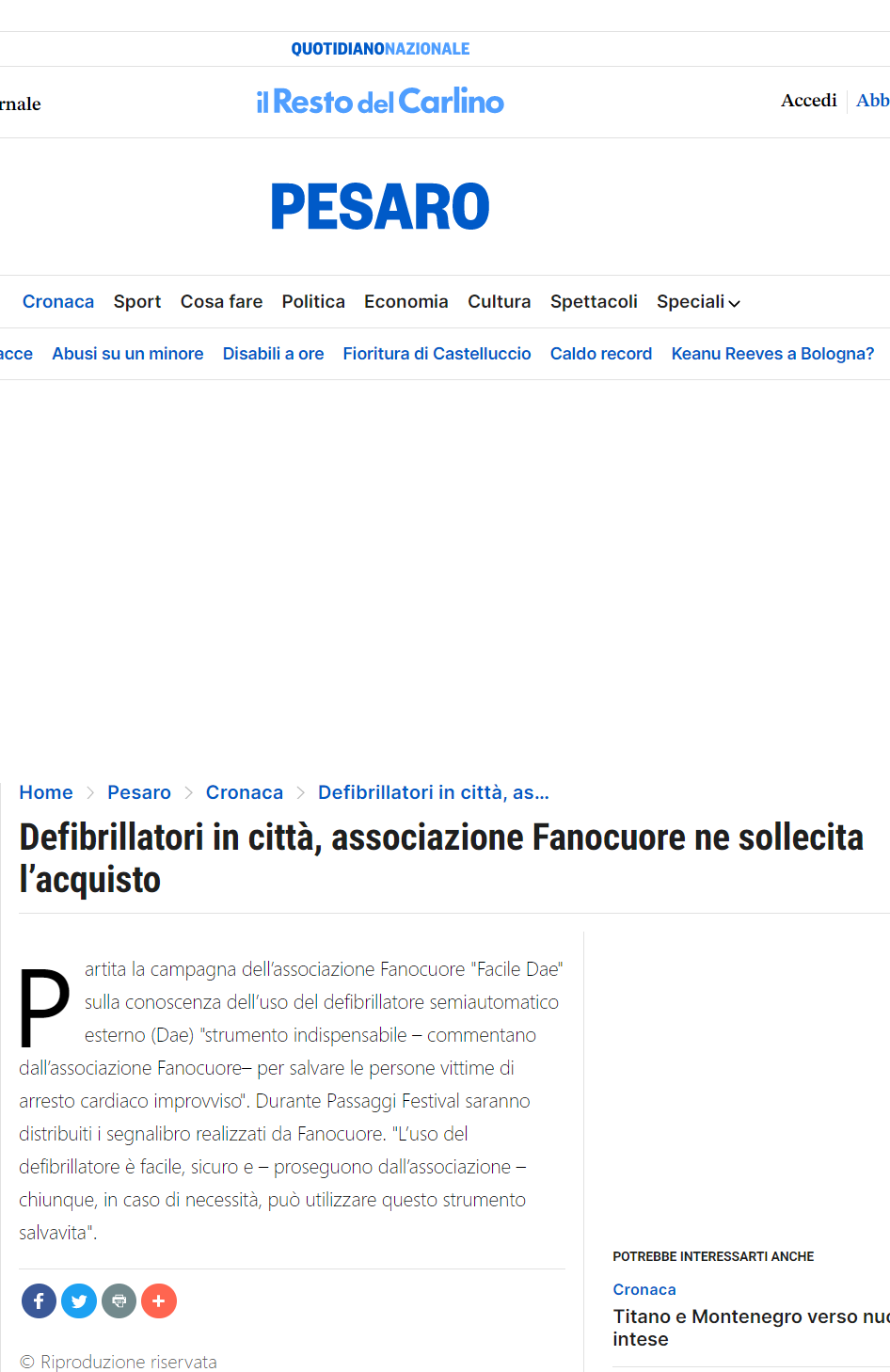 Il Resto del Carlino – Defibrillatori in città, associazione Fanocuore ne sollecita l’acquisto