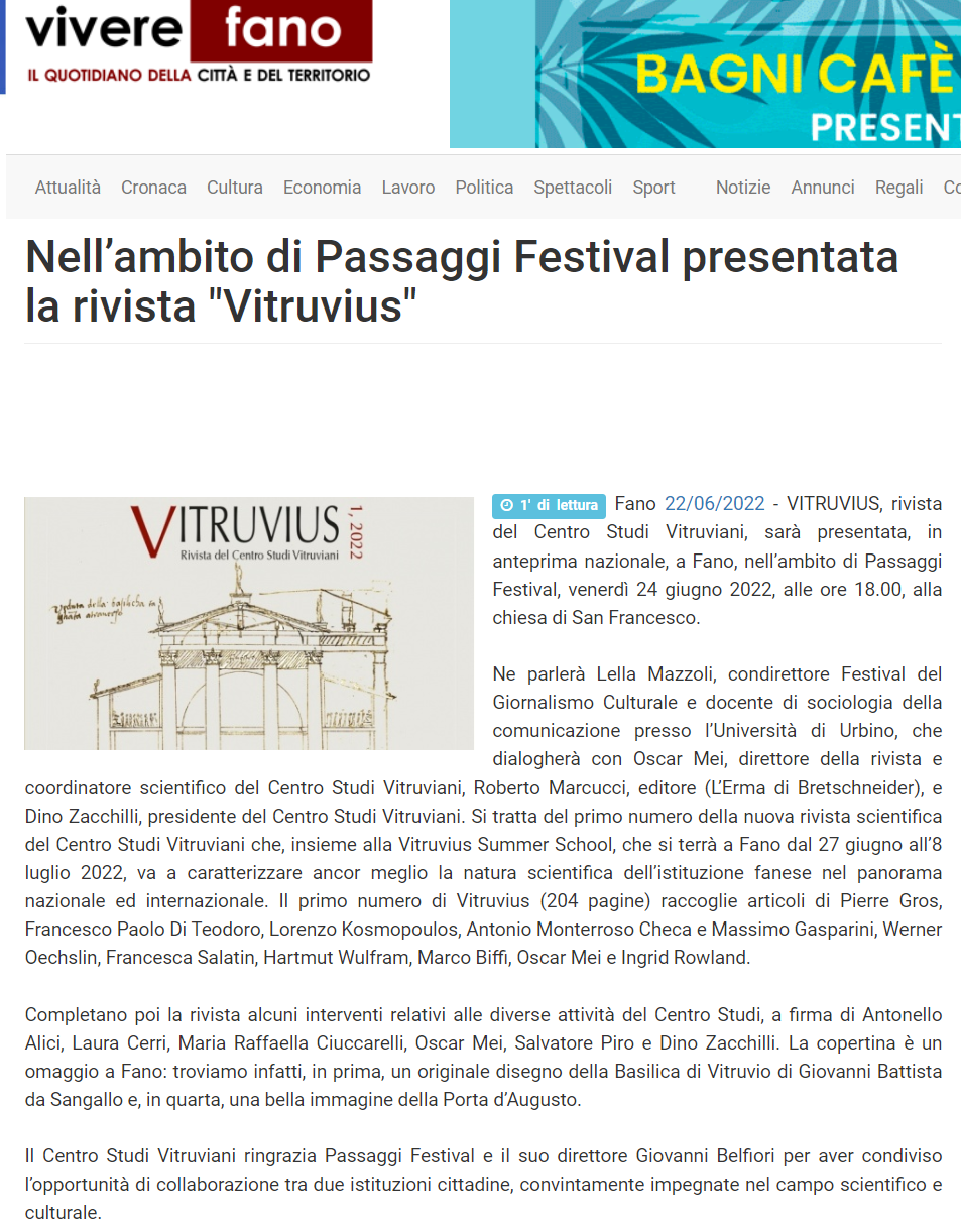 VivereFano – Nell’ambito di Passaggi Festival presentata la rivista “Vitruvius”