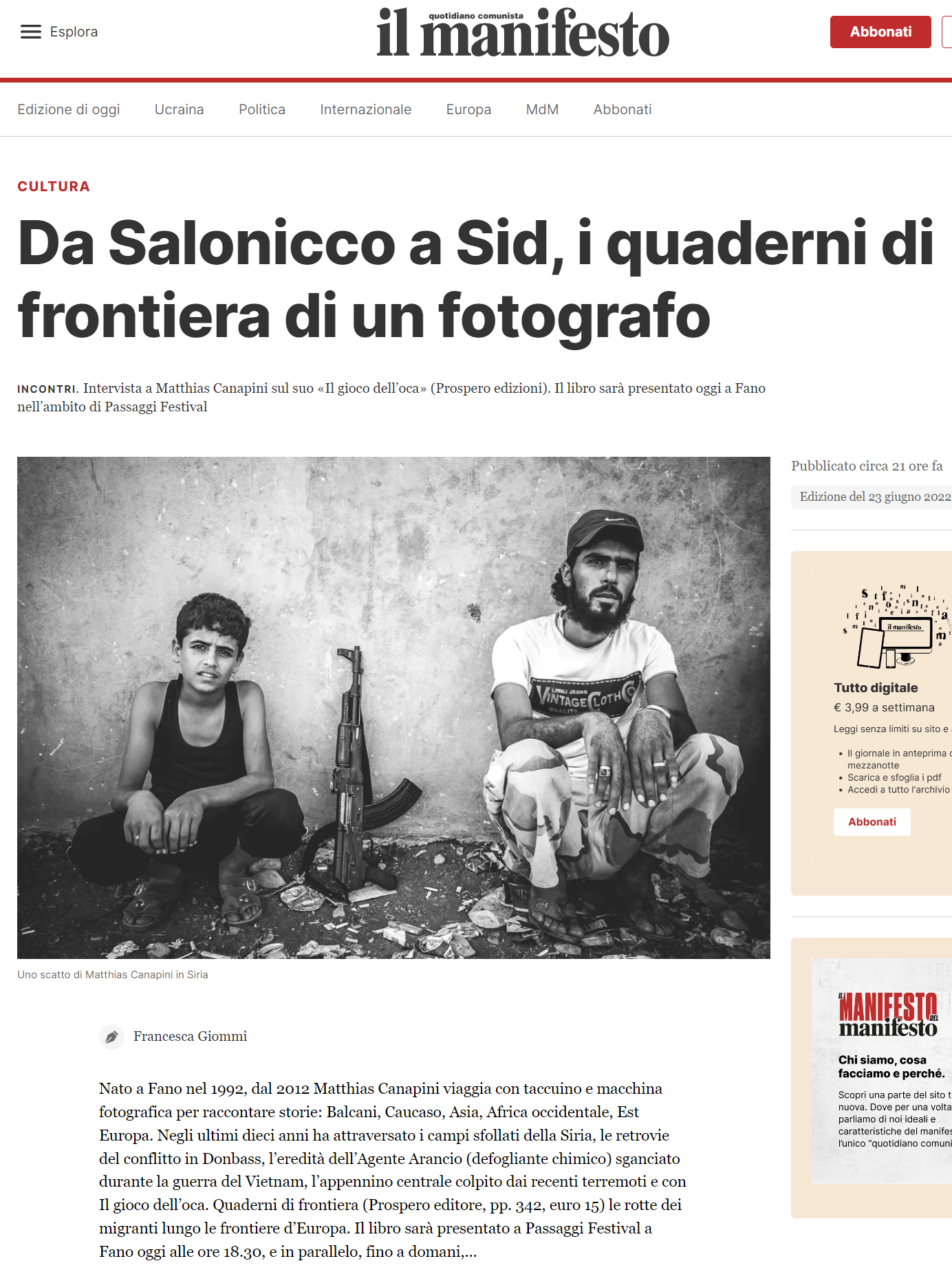 Il Manifesto – da Salonicco a Sid i quaderni di frontiera di un fotografo